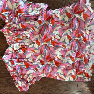 Trovata Colorful Feather Print Blouse - Pink, Red & Cream
